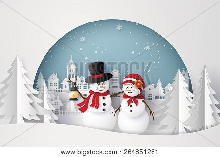Merry Christmas And Happy New Year. Illustration Of Snow Man In The Village,paper Art And Craft Styl