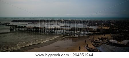 Panoramic View To Accra Beach With The Fishermans Boat - 29 October 2015 Accra, Ghana