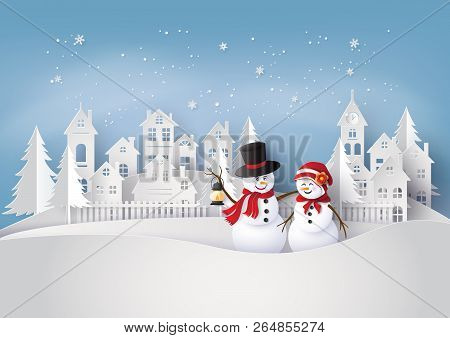 Merry Christmas And Happy New Year. Illustration Of Snow Man In The Village,paper Art And Craft Styl