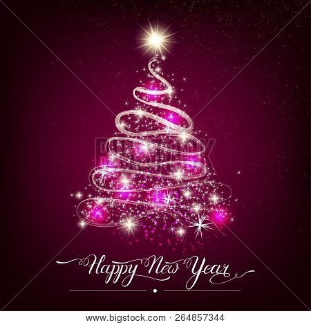 Happy New Year Stylized Shining Decorative Fir Tree On Red Background. Winter Holiday Greeting Card.