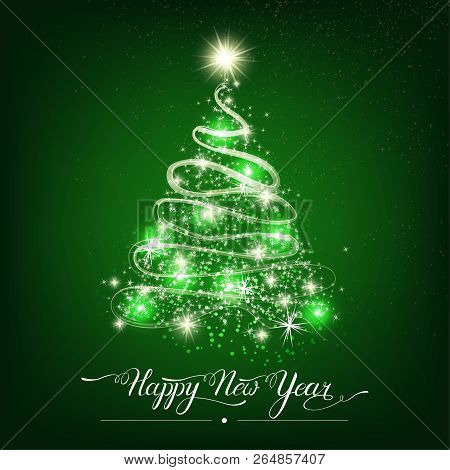 Happy New Year Stylized Shining Decorative Fir Tree On Green Background. Winter Holiday Greeting Car
