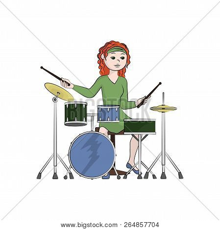 The Girl (woman) Plays The Drum Set. Vector Color Illustration.