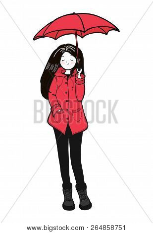 Young Woman In A Red Slicker Is Enjoying Autumn Weather. Vector Illustration.
