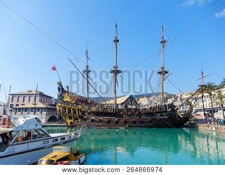 Genoa (genova), Italy, March 25, 2018 - The Galeone Neptune Pirate Ship In Genoa Porto Antico (old H