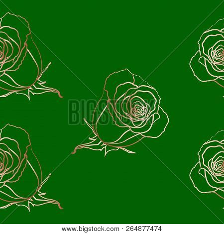 Bronze Contour Of Roses On Green Background. Seamless Pattern. Vector Illustration Eps 10.