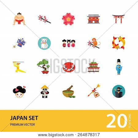 Japan Icon Set. Japanese Kite Japanese Cranes Torii Gate Bonsai Tree Koi Fish Japanese Ninja Sumo Wr
