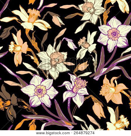Briht Floral Seamless Pattern With Hand Drawn Flowers Daffodils, Narcissus. Colorful Floral Elements