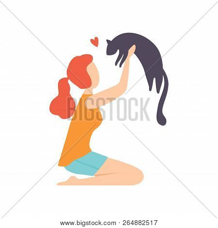 Young Woman Sitting On The Floor And Holding Black Cat Vector Illustration On A White Background