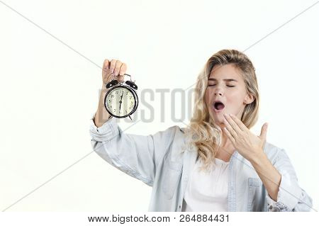 Tired Woman Sleeping With Alarm Clock And Yawning Isolated On White Background