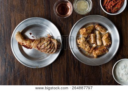 Turkish Food Minced Meat And Rice Stuffed Tripe Sirdan / Shirdan Dolma And Mumbar Dolmasi