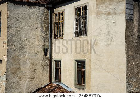 Exterior Of A Castle Ruin With Old Windows In Daylight