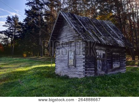 Old Wooden House Ruins In Lithuanian Village. Lithuania, Vilnius County.