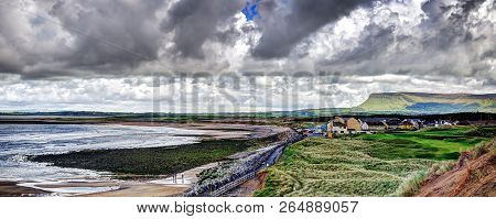Strandhill Panoramic View. Atlantic Ocean, City And Benbulbin Mountain