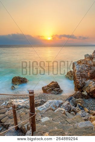 Piso Livadi beach on Paros Greece island at sunrise