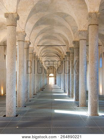 Old And Scenic Colonnade Covered In A Little Town In Northern Italy