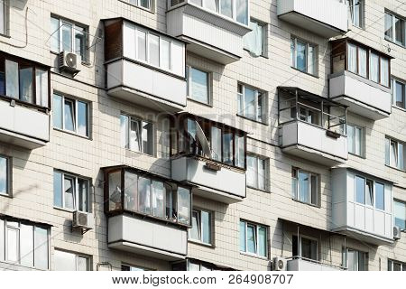 Balconies Of A Modern Pre-fabricated House. Kiev, Ukraine