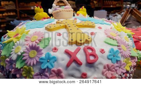 Easter Cake On A White Wooden Background. Easter Background. Easter Eggs. Easter. Easter Symbol. Eas