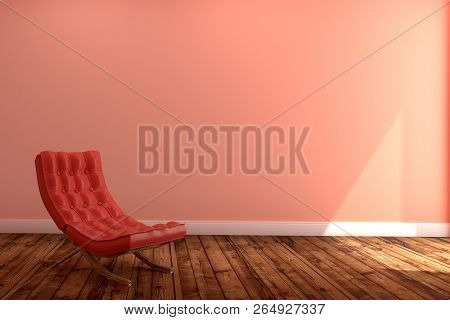 Living Room Interior With Red Sofa,wooden Floor On Empty Pink Wall Background. 3d Rendering