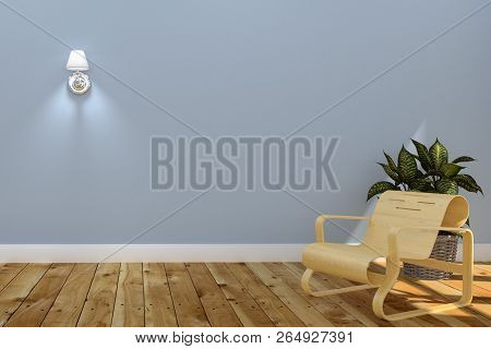 Room Empty Interior Design - Room Have Black Sofa Lamp And Plants, Light Blue Wall Background. 3d Re