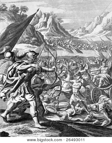 Tod des Ahab. Gravur von j.kip und veröffentlicht in der Geschichte des alten und neuen Testaments, Vereinigten k
