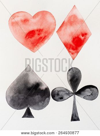 Watercolor of playing cards symbols. Diamonds, hearts, clubs, peaks. Symbols of cards, watercolor drawing, design elements. Original artwork.