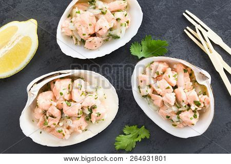 Fresh Homemade Chilean Salmon Ceviche With Lemon Juice, Onion, Garlic, Salt And Cilantro, Served On 