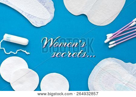 Flat Lay Background Top View Inscription Female Secrets. Cotton Pads For Removal Makeup, Cotton Pads