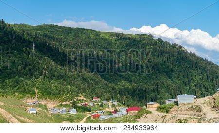 Artvin, Turkey - July 2018: Misirli Village In Highlands Of Blacksea Region With Traditional Wood Ho