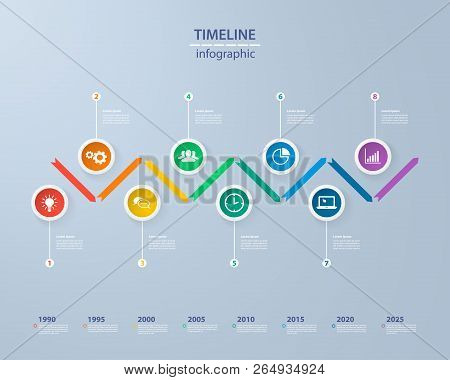Infographics Timeline Template With Realistic Colorful Circles For 8 Steps And Icons. Can Be Used Fo