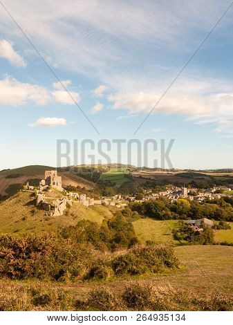 Corfe Castle Dorset Holiday Skyline Blue Clouds Nature Landscape Building Ruins Medieval Summer Day