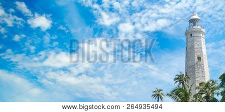 Beautiful Lighthouse, Lagoon And Tropical Palms (matara Sri Lanka). Wide Photo.