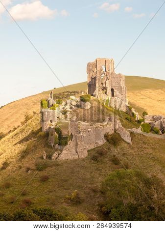 Corfe Castle Dorset Holiday Skyline Blue Clouds Nature Landscape Building Ruins Medieval Summer Day