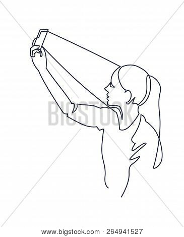 Continuous One Line Drawing Of Face Identification Check. Selfie Beautiful Woman Blogger. Vector Ill