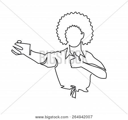 Continuous One Line Drawing Of African American Woman With Afro Haircut Shows Thumb On Phone Camera.