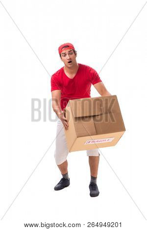 Handsome contractor holding fragile box isolated on white 