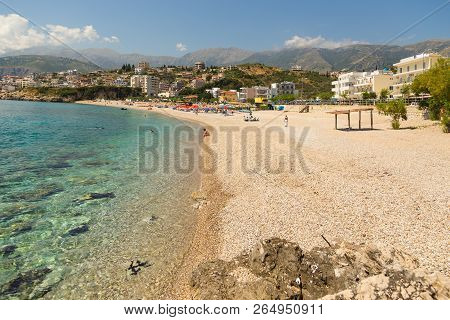 Himare, Albania- 29 June 2014: The Coast In The Tourist Town Of Himare. Stony Beach On The Adriatic 