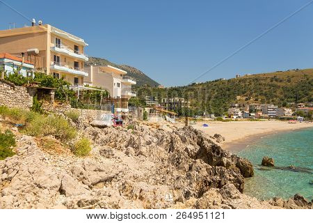 Himare, Albania- 29 June 2014: The Coast In The Tourist Town Of Himare. Stony Beach On The Adriatic 
