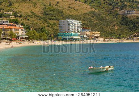 Himare, Albania- 29 June 2014: The Coast In The Tourist Town Of Himare. Stony Beach On The Adriatic 