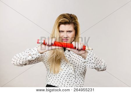 Angry Mad Woman Blonde Student Girl Or Female Teacher, Stressed Business Worker Releasing Tension By