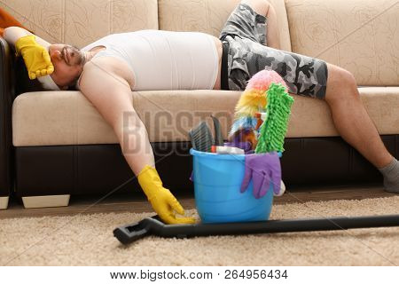 The Man Was Left Alone At Home Tired Of Cleaning And Fell Asleep