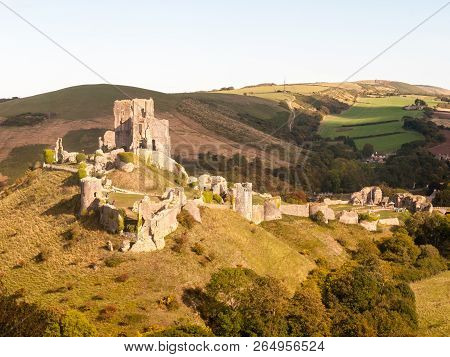 Corfe Castle Dorset Holiday Skyline Blue Clouds Nature Landscape Building Ruins Medieval Summer Day
