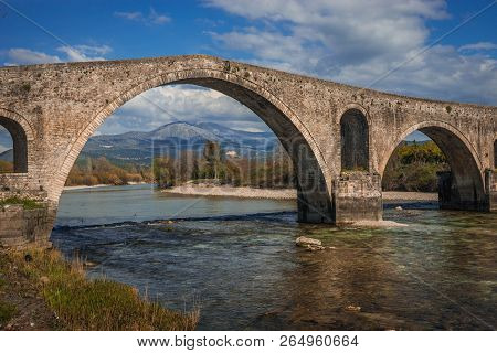 Medieval Bridge Over River Arahthos In Arta, Greece