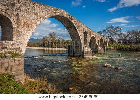 Medieval Bridge Over River Arahthos In Arta, Greece