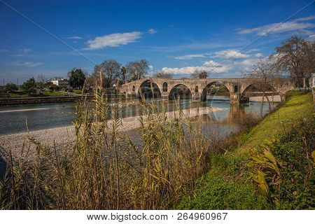 Medieval Bridge Over River Arahthos In Arta, Greece