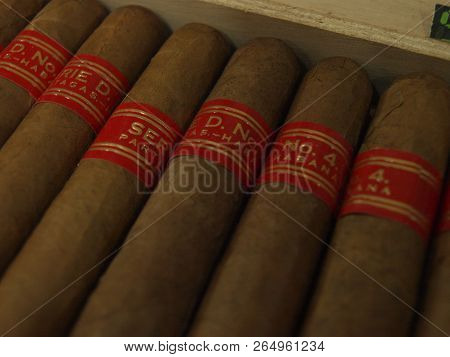 Havana, Cuba - June 21, 2018: Box Of Authentic Partagas Cigars Made By Hand In Havana