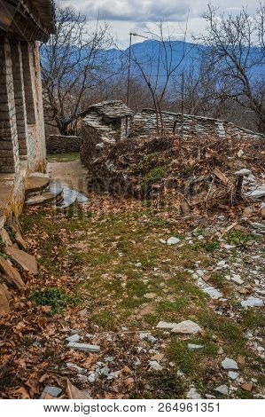Beautiful Winter Landscape In Ruined Mountain Village Of Zagorohoria, Greece
