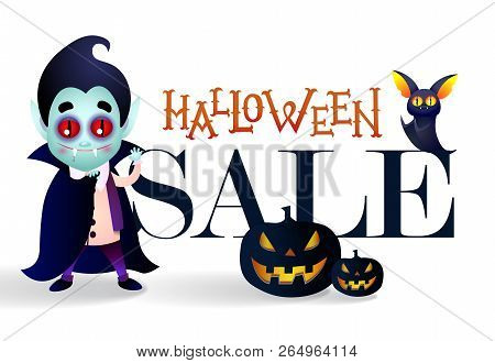 Halloween Sale With Dracula Banner Design. Creative Lettering With Cartoon Dracula, Pumpkin And Bat 