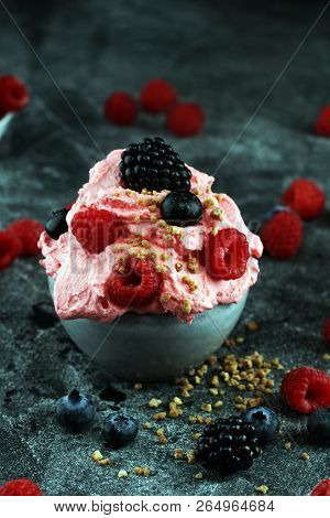 Healthy Homemade Raw Vegan Banana And Berry Ice Cream (icecream, Nicecream) Topped With Organic Blac