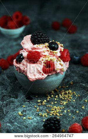 Healthy Homemade Raw Vegan Banana And Berry Ice Cream (icecream, Nicecream) Topped With Organic Blac