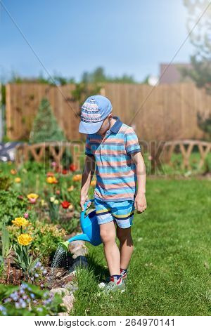 European Boy With The Blue Watering Can Is Helping To Water The Flowers In The Croft.